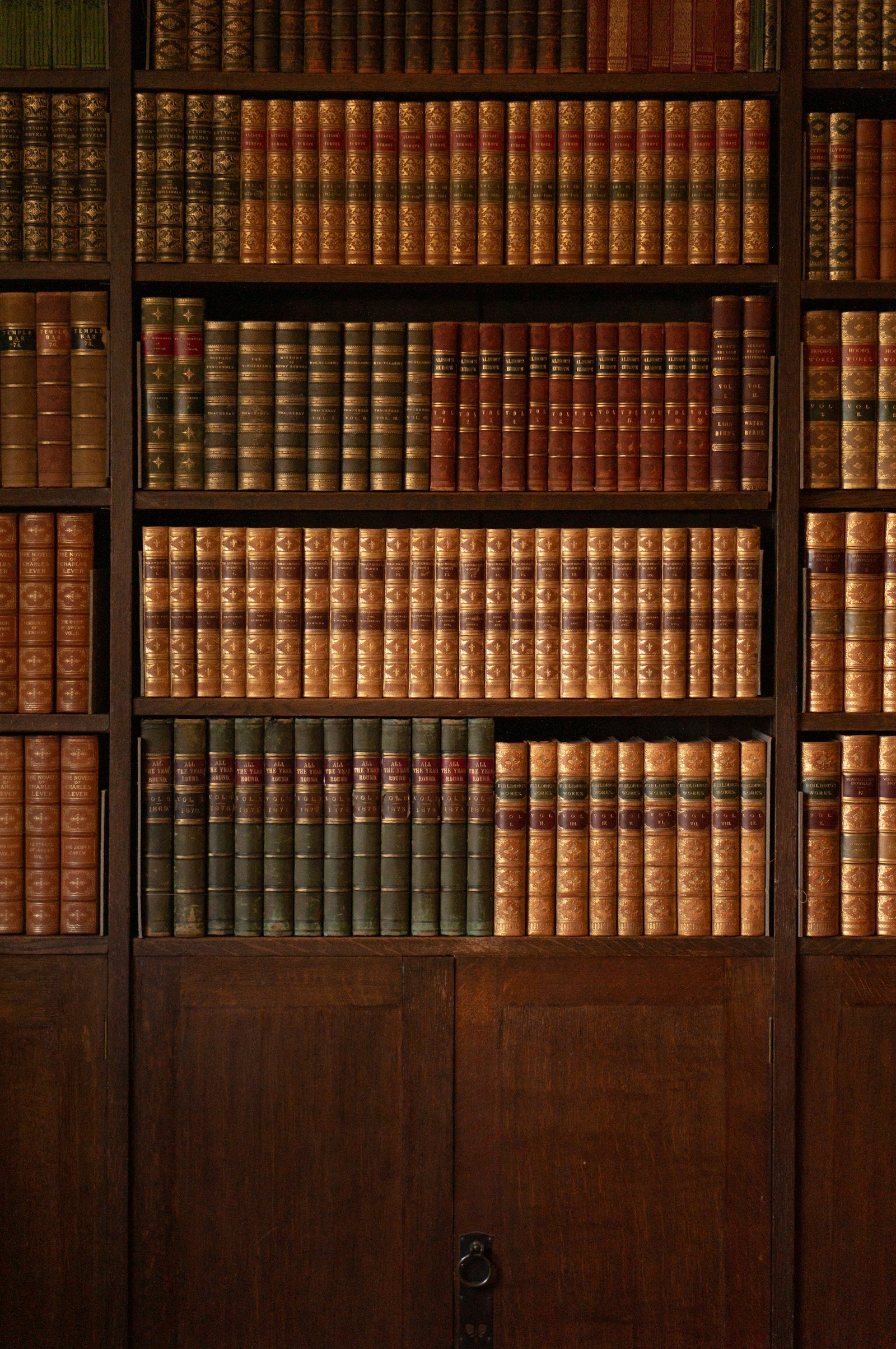 Orderly shelves of bound books in a dark wooden bookcase.