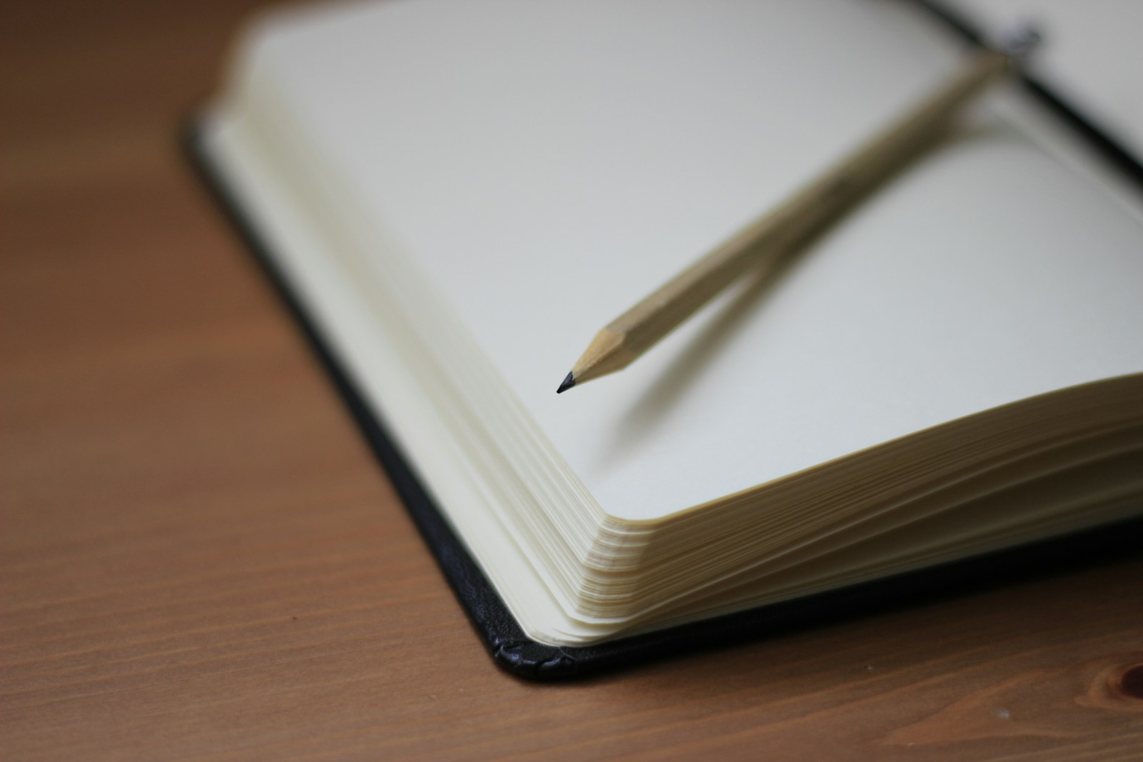 A sharpened pencil resting on an open blank notebook.