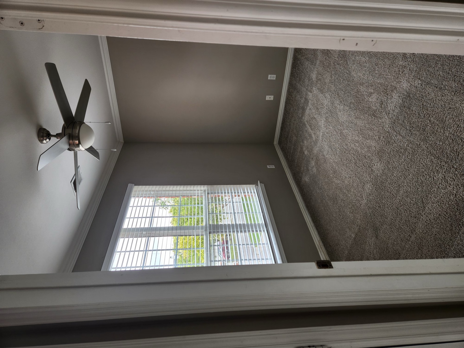 An empty room with vacuumed carpet, white window blinds and a ceiling fan after the move-out clean