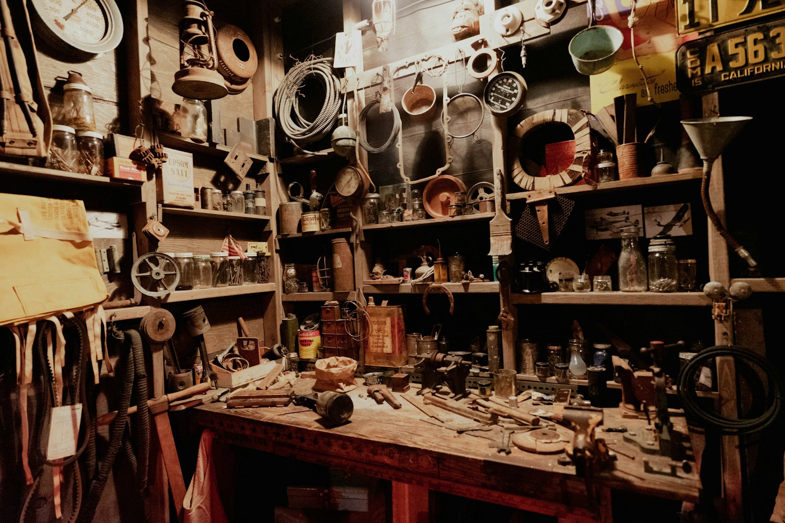 An established workshop filled with hand tools and materials.