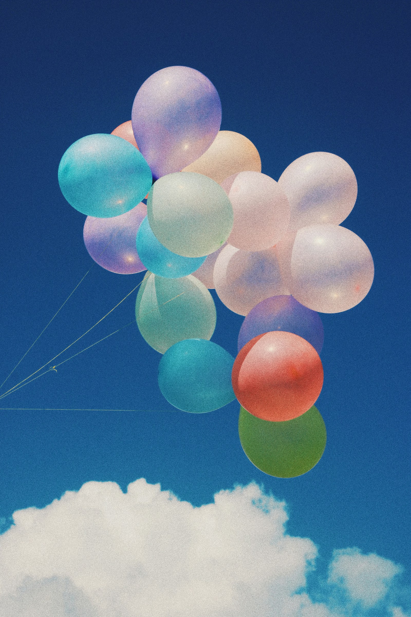 A cluster of pastel and bright balloons floating against a blue sky.