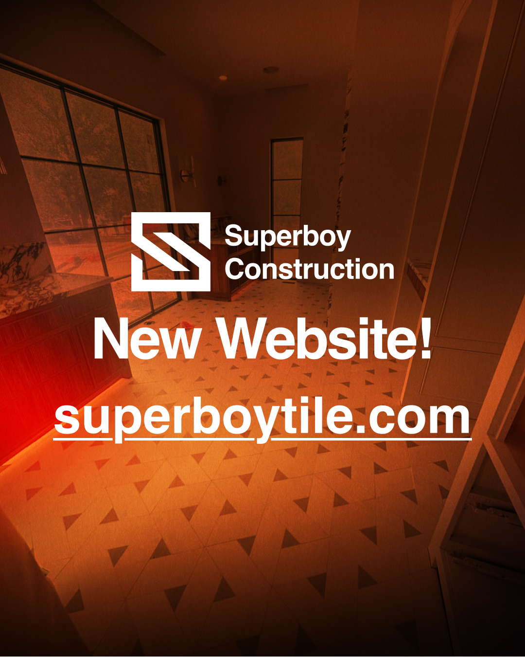 Orange-toned promotional graphic announces the Superboy Construction website launch over a modern tiled interior.
